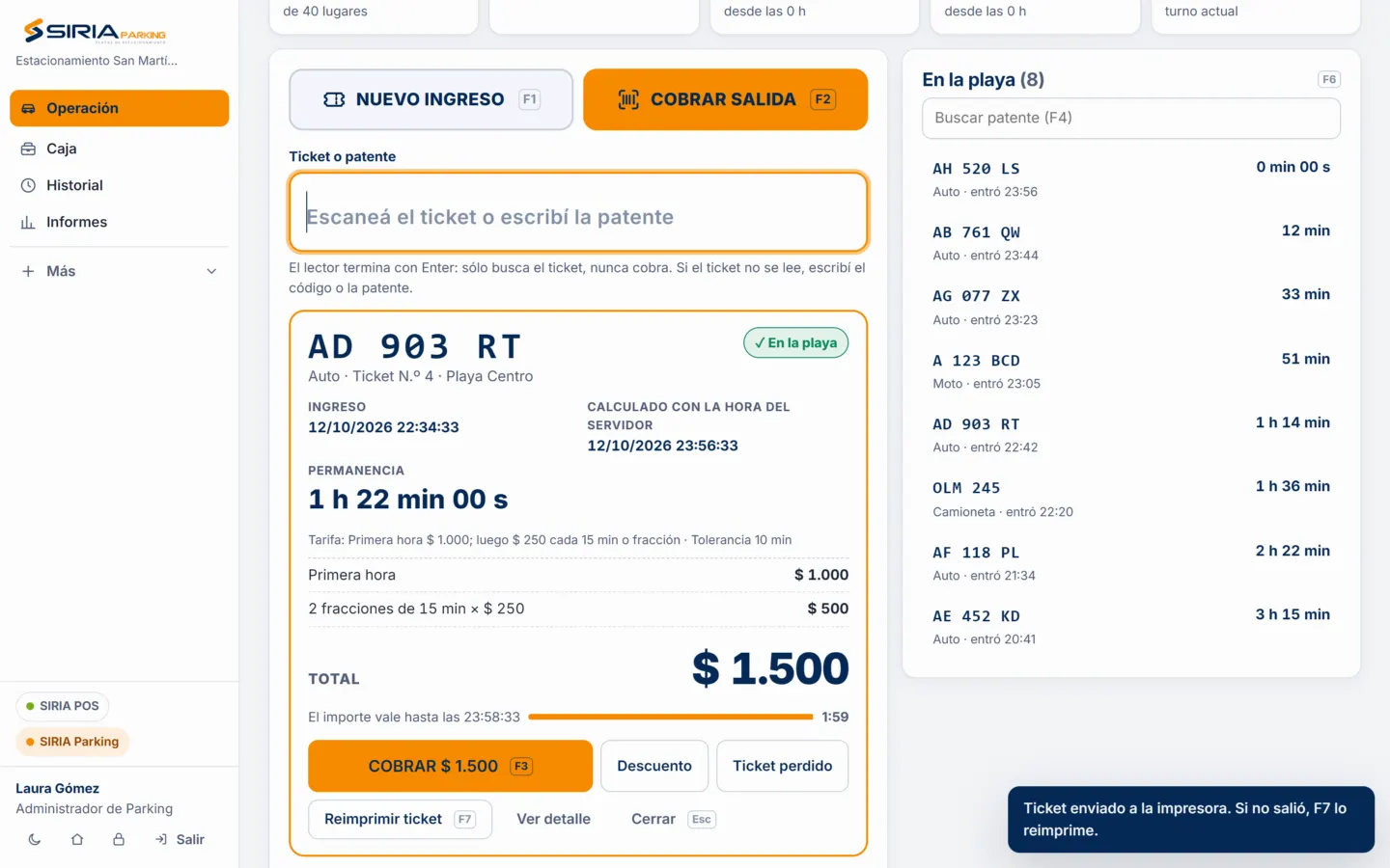 SIRIA Parking: la lectura de un ticket con la permanencia, el desglose de la tarifa y el total a cobrar