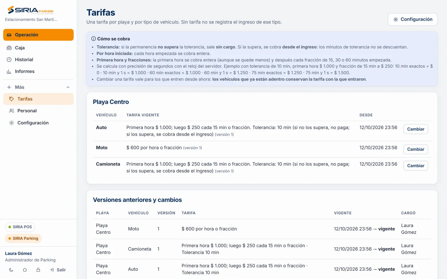Pantalla de tarifas con la regla de la tolerancia y la tarifa de cada tipo de vehículo